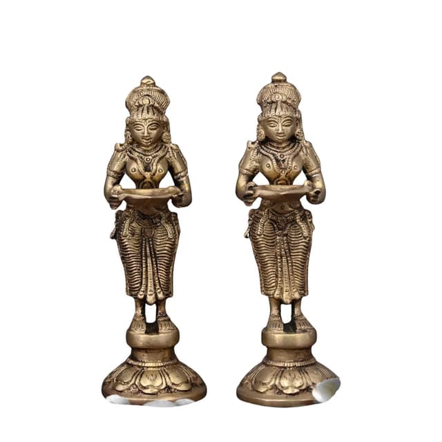 Vintage Gulley Brass Deep Laxmi Statue, Traditional Hindu Goddess Figurines Holding Oil Diya for Pooja Mandir Temple