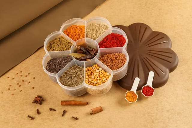 Xmart India 9 Compartment Airtight Masala Dabba with 2 Spoons, Transparent Spice Box for Kitchen