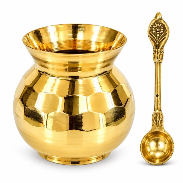 XOMARK Pure Brass Pooja Lota with Decorative Brass Achmani Spoon