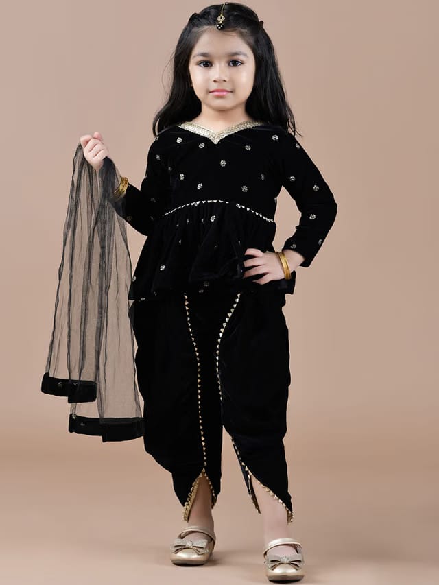 BAESD Ethnic Motifs Embroidered Velvet Kurta With Dhoti Pant & Dupatta