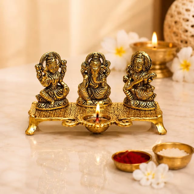 Metal Laxmi Ganesh Saraswati Idol with Diya Stand for Home Temple, Puja Mandir, Home Decor, Office Desk Decor
