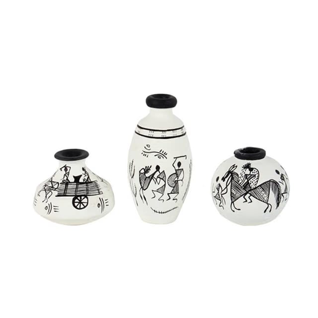 ExclusiveLane 'Warli Handpainted' Terracotta Pots For Home Décor Mini Vases for Home Decoration (Set of 3, White