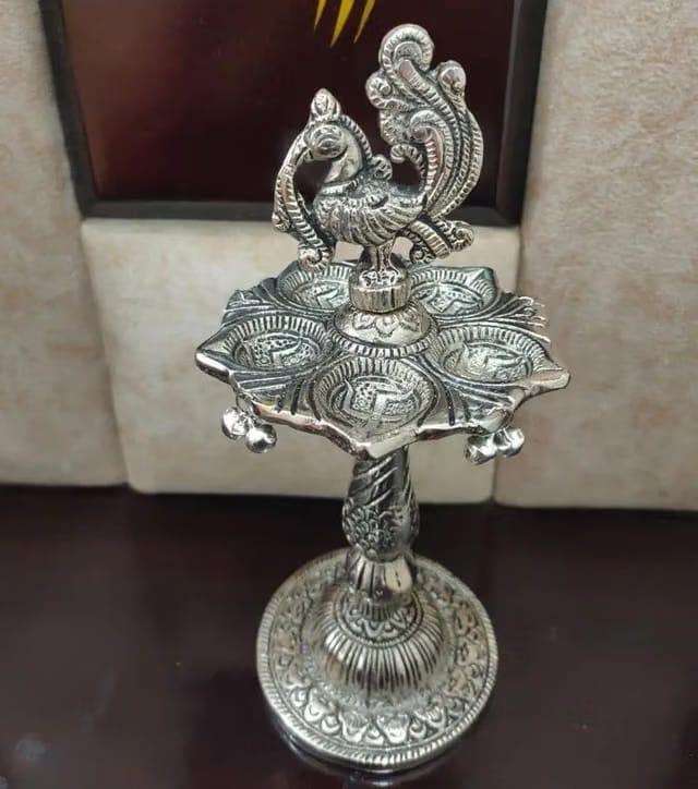 Metal Oxidised Peacock Diya Stand for Puja Room, Home Temple Decor, Panchmukhi Samai Diya