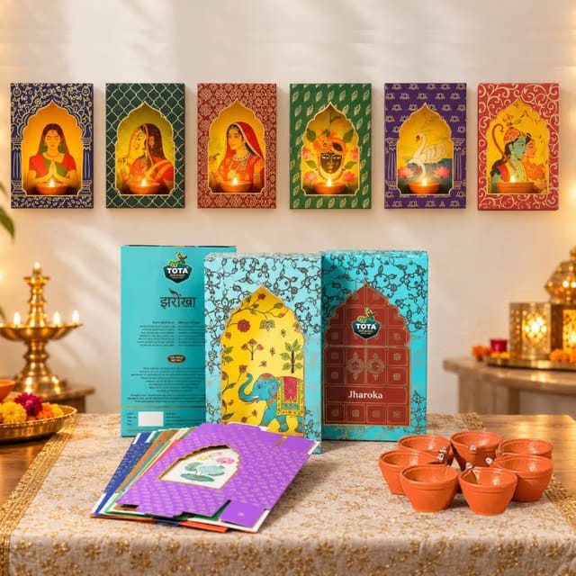Jharokha Decorative Wall Hanging - Set of 7 DIY Traditional 3D Paper Frames + 7 Water Sensitive Diyas for Diwali