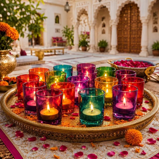 Pure Source India Pack of 16 Multicolour Glass Tealight Candle Holders - Votive Holders for Diwali Decoration