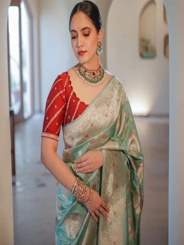 all about you Woven Design Zari Silk Blend Heavy Work Kanjeevaram Saree