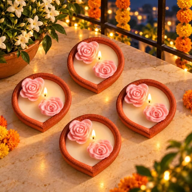 Soy Wax Vanilla Scented Flower Diya Candles- Set of 4
