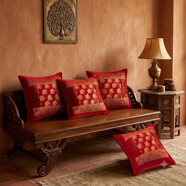 Silk Elephant Printed Red Color Pillow Cover