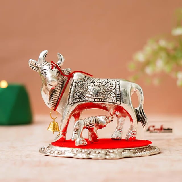 Metal Silver Kamdhenu Cow and Calf Statue