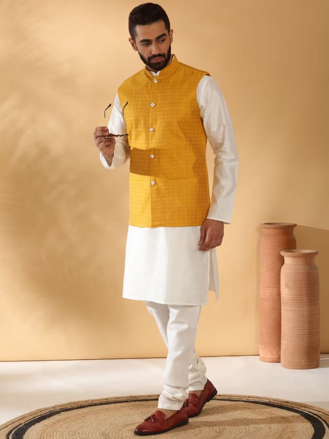 Men Straight Kurta With Churidar And Nehru Jacket