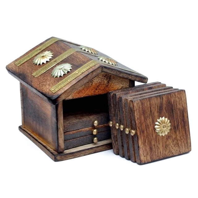 Think n Crafts India Wooden Handcrafted HUT Shaped Coaster Set of 6