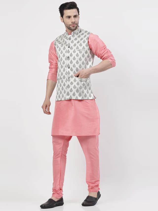 Mandarin Collar Dupion Silk Kurta With Churidar With Nehru Jacket