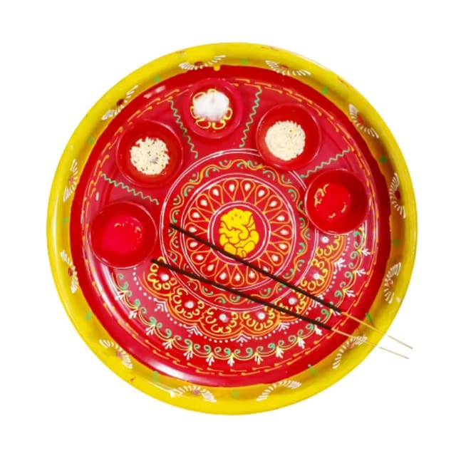 P.A.Decorated Steel Handpaint Big Size Aarti Pooja Thali with Diya Holder/Rakhi,Diwali Puja Plate.[12 Inch]