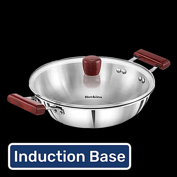 Stainless Steel SSD25G Tri-Ply Deep Fry Pan/Kadai With Glass Lid - Silver, Induction