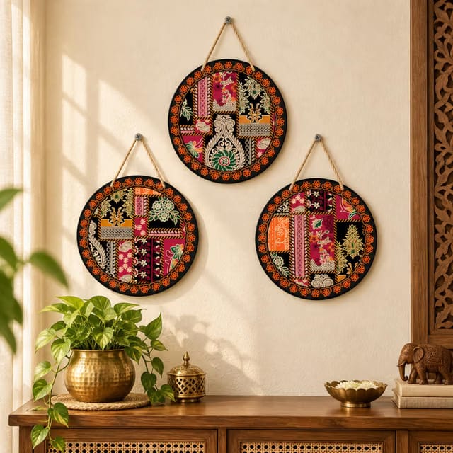 Sketchfab Ethnic Patchwork Round Wooden Wall Hanging, 12 Inch Laser Cut MDF Plate on Golden Rope