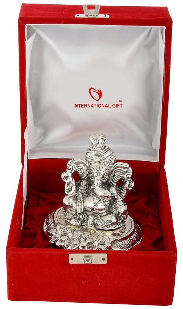 INTERNATIONAL GIFT Silver Plated Pagdi Ganesh God Idol Statue Oxidized Finish with Premium Velvet Gift Box for Gifting
