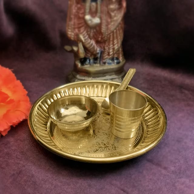 Satvik Brass 4 Pc Bhog Thali Set for Laddu Gopal Brass Bhog Thali with Glass