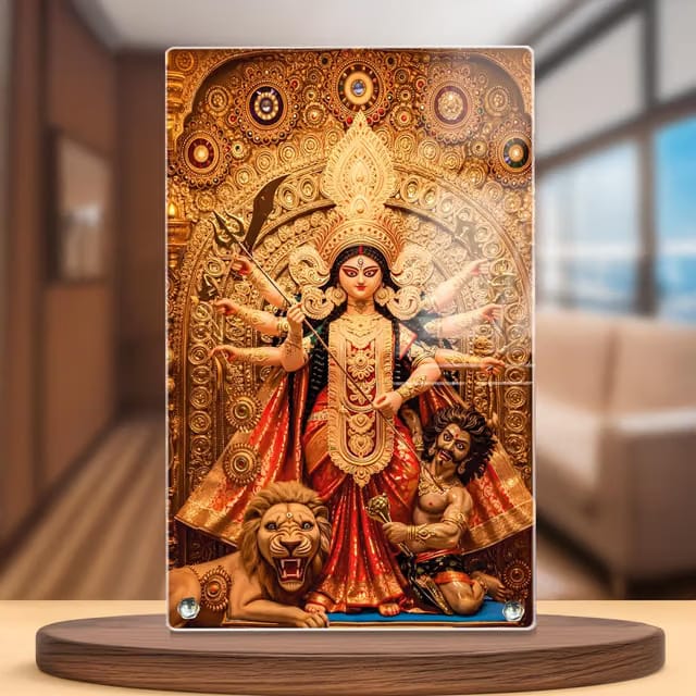 Maa Durga Acrylic Photo Frame – Mahishasura Mardini Bengali Pandal Idol HD UV Print on Premium Acrylic with Steel Table