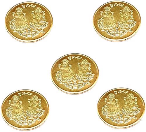 Dhanteras Diwali Gold Plated German Silver Coins laxmi Ganesh sikka for Gift Pack of 5pc