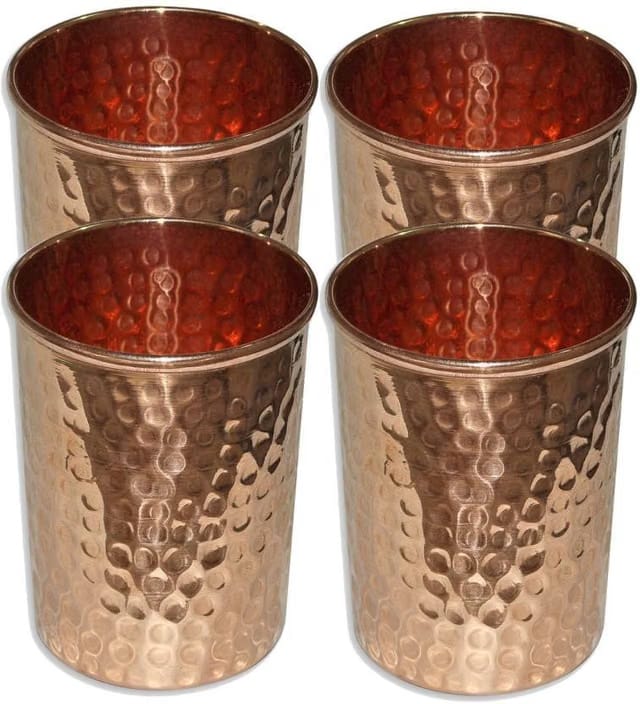 SAURAN (Pack of 4 Copper Hammered Tumbler Glass for Ayurvedic Health Benefits Glass Set