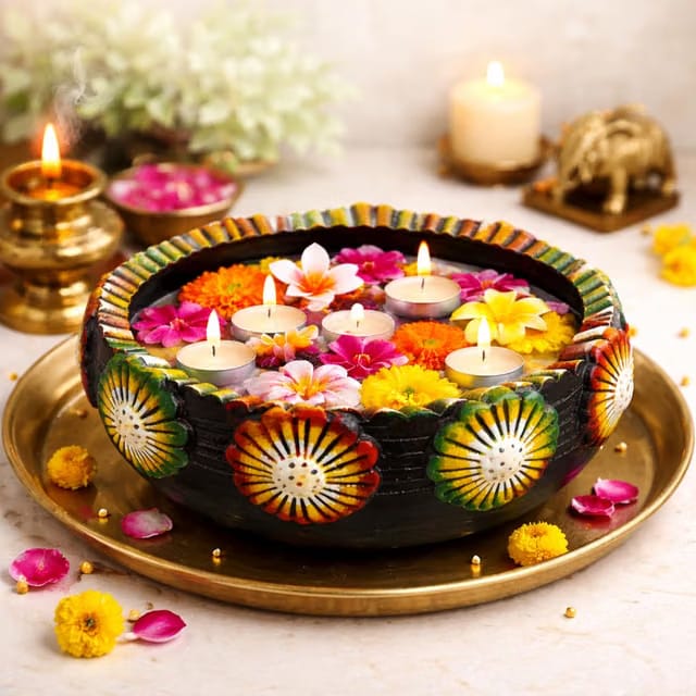 Handmade Terracotta Floral Bowl, Earthenware Clay Decorative Uruli Bowl, Urli, Flower Potpourri Pot (Size: 10.5 Inches