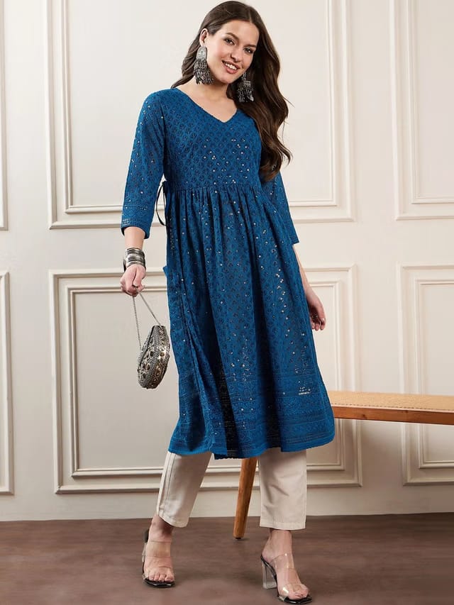 Women's VisCose all over sequin embroidered V-Neck kurta
