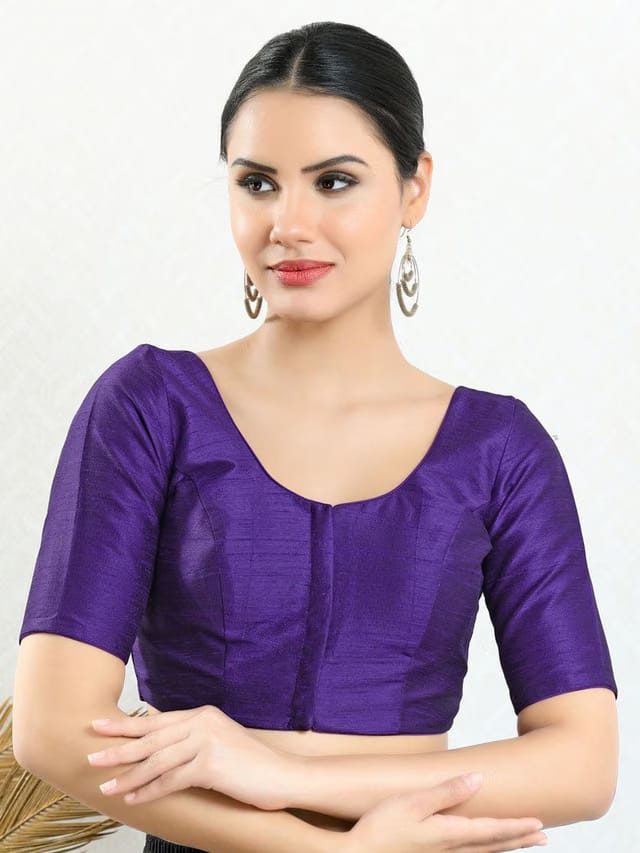 Women Purple Silk Solid Elbow Sleeve Readymade Saree Blouse