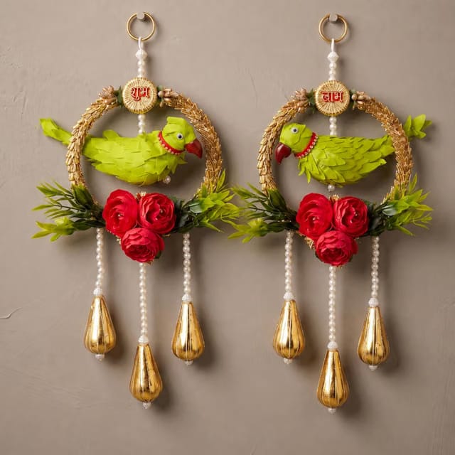 Shubh Labh Door Hangings (1 Pair) – Parrot Hangings for Door Entrance, Home Mandir