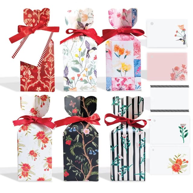 Floral Gift Boxes Set of 12 with Ribbons & Gift Tags