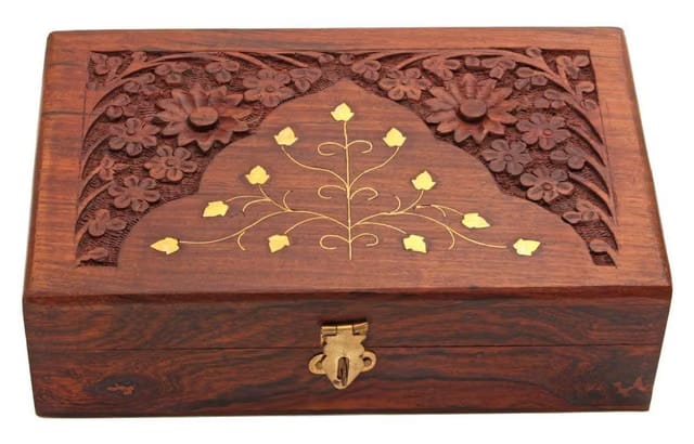 Handmade Wooden Keepsake Storage Box Jewelry Trinket Holder Organizer Floral Hand Carvings with Brass Inlay