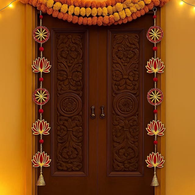 True Decor 2PC Wall Door Hanging Lotus Toran with Bells Main Door Entrance Pooja Room Temple Wedding Festival Decor