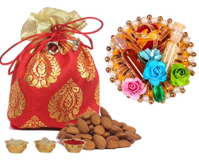 Bhaiya Dooj/Bhai Dooj Dry Fruit Red Designer Potli-Almond + Roli, Chawal and Chandan+bhai dooj thali/roli chawal Platter