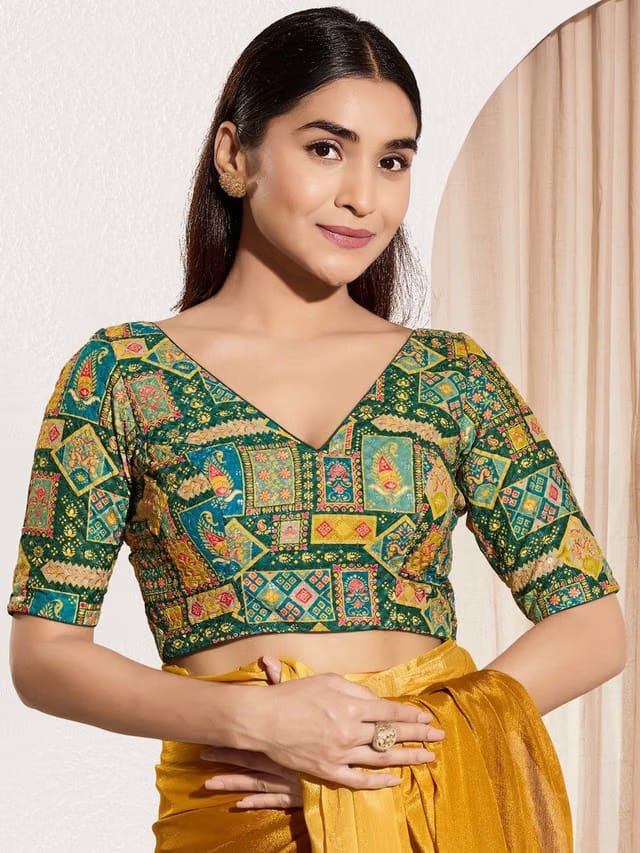 Woven Design V-Neck Padded Readymade Saree Blouse