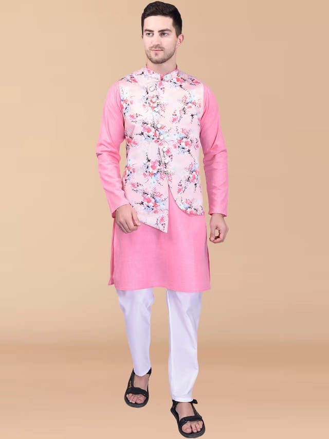 PRINTCULTR Pure Cotton Straight Kurta With Pyjamas & Nehru Jacket