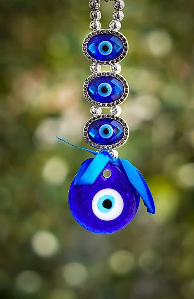 DT DECTONE Plastic Turkish Evil Eye Nazar Battu Hanging For Home And Car Protection And Prosperity 3 (Eyes), Multicolour