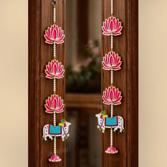 Divyakosh Wooden Door Hanging Toran Set of 2, MDF Lotus Cow Bandhanwar for Main Door Entrance