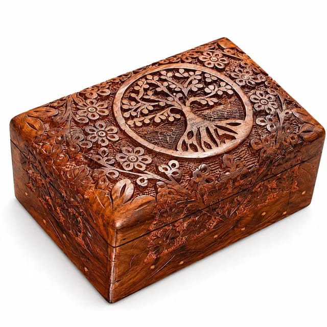 Tree of Life Wooden Keepsake Box, Hand Carved Floral Wooden Storage Box, Decorative Jewelry Organizer