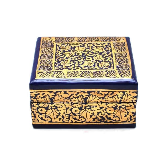 Handcrafted Kashmiri Papier Mache Square Decorative Box, Blue and Gold, Floral Design, 1×3×3 inches