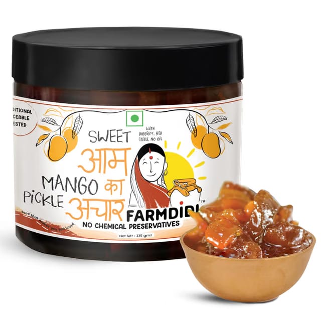 FarmDidi Sweet Mango Pickle with Jaggery 325g Homemade Aam ka Meetha Achar Oil-Free Traditional Indian Pickle Sweet