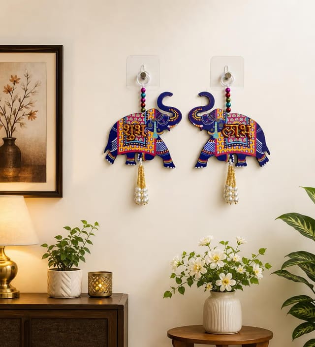 Elephant with Shubh Labh Premium Wall & Door Hanging for Home Decoration,Wall Decorative Item,Temple Decor,Evil Eye