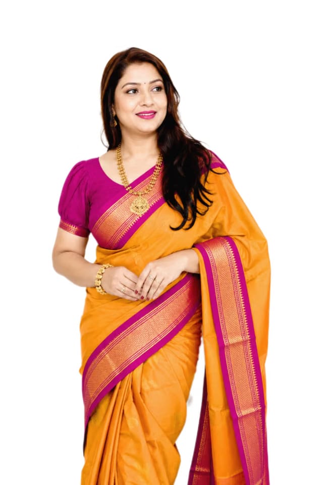 Women's Paithani, Kanjivaram Cotton Silk Saree, Yellow Maroon