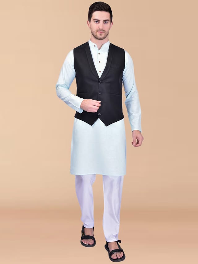 PRINTCULTR Band Collar Pure Cotton Straight Kurta With Pyjamas & Nehru Jacket