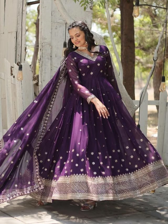 Embroidered V-Neck Anarkali Fit & Flare Ethnic Dress With Dupatta