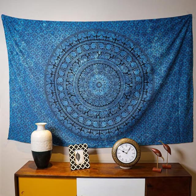 Tapestry Blue Ombre Mandala Wall Hanging Psychedelic, Tapestries Indian Cotton, Twin Bedspread Picnic Sheet Wall Décor