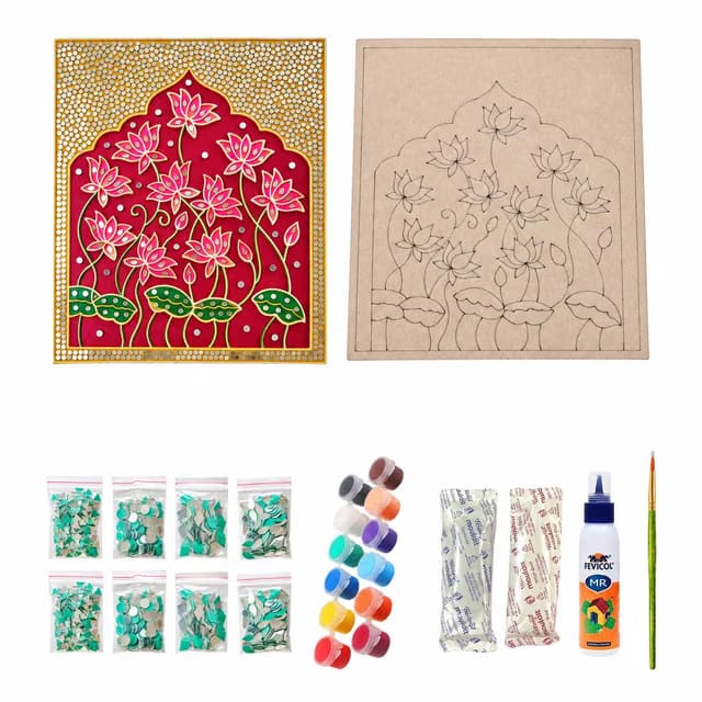 Lotus Mughal Arch Tanjore Art DIY Painting Kit with Accessories