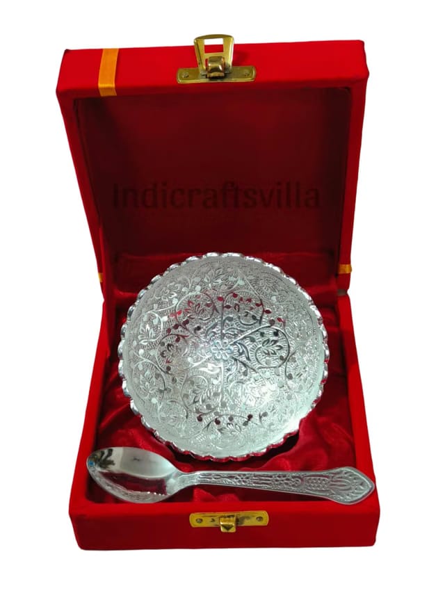 Indicraftsvilla Silver Plated Decorative Bowl & Spoon Set with Red Velvet Box – Ornate Floral Design – Ideal for Diwali