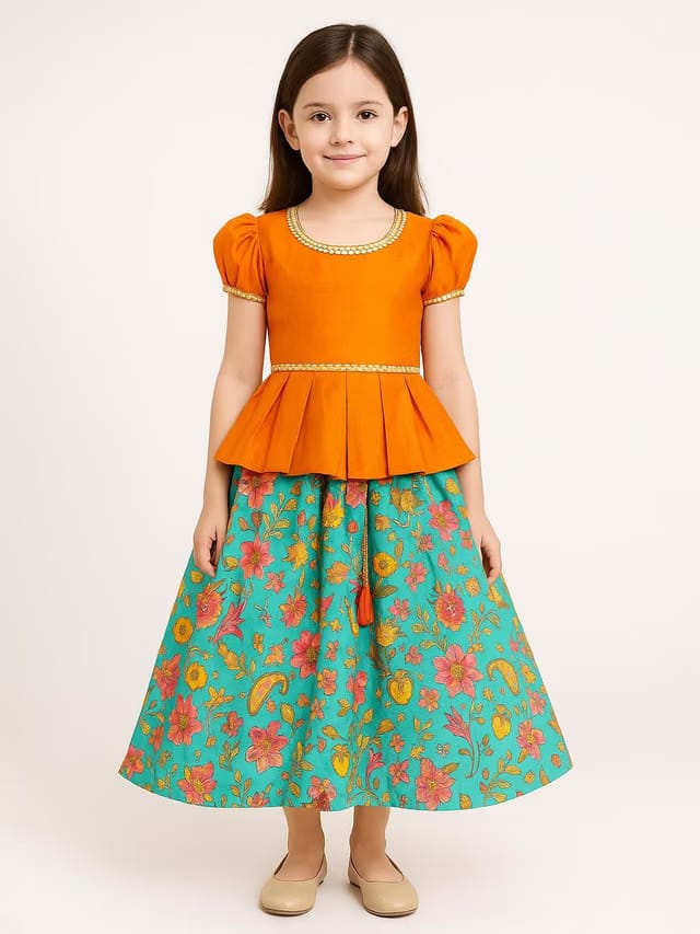 Girls Pattu Pavadai Top with Skirt Clothing Set