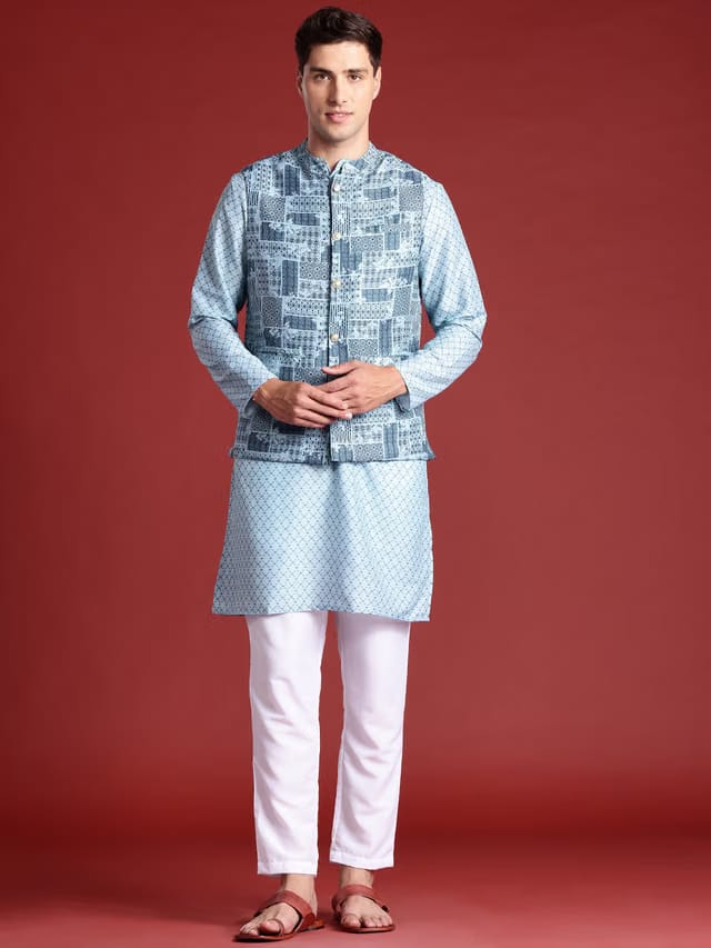 Anouk Men Printed Regular Kurta with Pyjamas And Nehru jacket