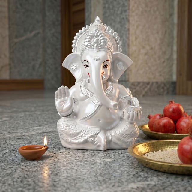 Eknoor Ganesh Idol Resin Ganpati Murti, White Silver, Home & Car Dashboard