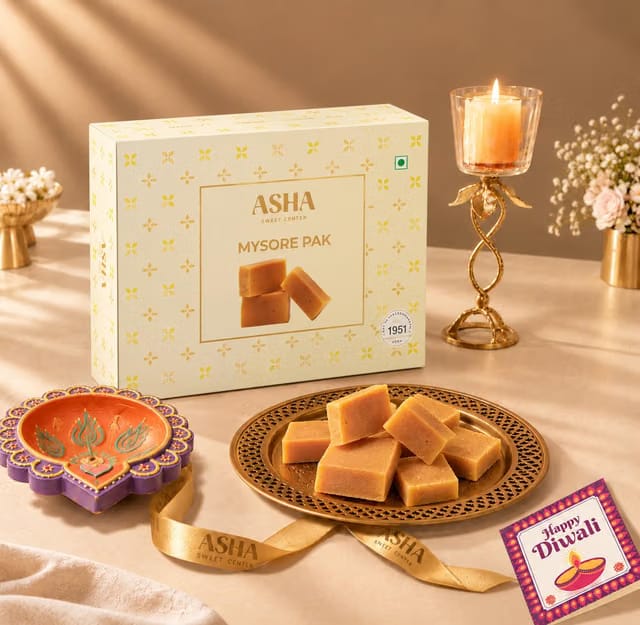 ASHA SWEETS Mysore Pak Diwali Gift Hamper with Handcrafted Diya & Wish Card Included